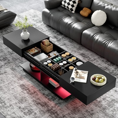 Bestier Extendable Coffee Table with Storage, Modern LED Lighted Coffee Table with Hidden Compartment, Open Shelf for Living Room, Dining Center Table