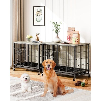 Dog Crate Furniture with Cushion, Dog Kennel Indoor with Wheels, Dog Crate End Table with Tray, 27.2" Dog Cage with Double Doors