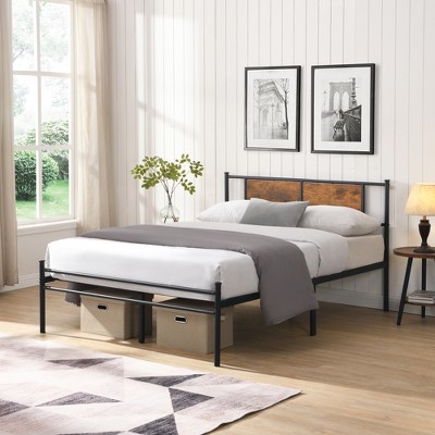 King Size Metal Platform Bed with Wood Panel Decoration