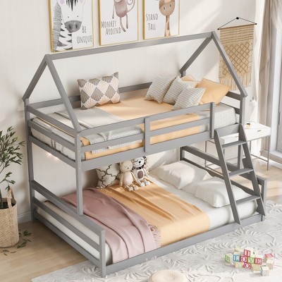 Twin over Full House-Shaped Bunk Bed with Built-in Ladder, Pine Wood & MDF Frame, Convertible into Two Beds, White/Gray - ModernLuxe