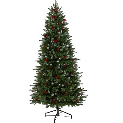 Nearly Natural 6-ft Snow Tipped Portland Spruce Artificial Christmas Tree with Frosted Berries and Pinecones with 300 Clear LED Lights