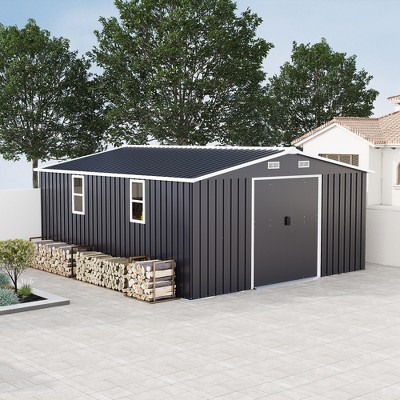12x10 FT Outdoor Storage Shed, Metal Shed with Two Windows and 4 Vents, Lockable Sliding Double Door Outdoor Tool Sheds
