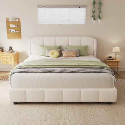 Queen Size Platform Bed with Curve-Shaped Design Headboard