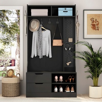 NicBex Hall Tree with Bench and Storage Drawers Coat Rack with 4 Open Dividers, 6 Hooks and Pegboard for Entryway, Living room