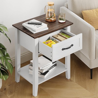 Nightstand with 1 Drawer and Open Shelf Narrow White Industrial Side Table for Bedroom Office Sofa Couch, Gray