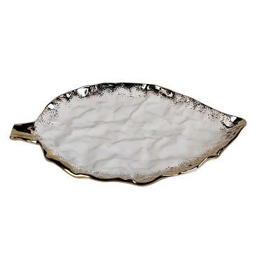 Classic Touch White Porcelain Leaf Dish With Gold Edge