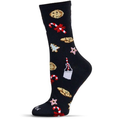 Memoi Women's Milk & Cookies Holiday Crew Socks Black 9-11