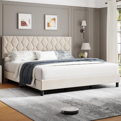 Homhougo Twin Size Platform Bed Frame with Upholstered Headboard and Wooden Slats Support Upholstered Mattress Foundation/No Box Spring