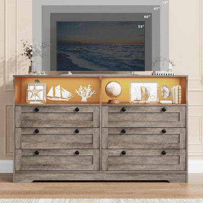 Modern Black 6 Drawer Dresser With Power Outlet Usb Charging Ports Multi Color LED Light Scratch Resistant MDF Anti Tip Safety Spacious Storage For