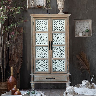 Jacob Hollow-Carved Cabinet,Distressed Cabinet With Carved Floral Doors And Drawer,Storage Cabinet,Furniture Indoor,Kitchen And Dining-Maison Boucle