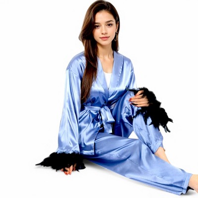 Anna-Kaci Lounge Women's Satin Feather Trim Button-Up Lounge Set with Wide-Leg Pants- Blue,Small