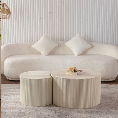 Sapphtopaz Modern Round Coffee Table with Handcrafted Relief Wood Side Table with Unique Design Coffee Bar Center Table for Living Room,Beige