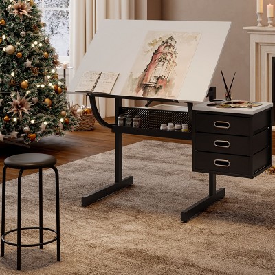 Kumasinova 0-75° TiltAdjustable Desk,45.67" Drafting Table with Stool & 3 Drawers,Multi-Angle Standing Desk for Artists,Work Desk for Home Office