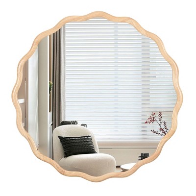SEVOBAL Wall Mirror Wave Wood Frame Round Mirrors for Wall HD Reflection Large Mirror Big Mirror Bedroom Bathroom Entryway, Beige, 31"*31"*1.18"