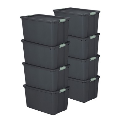 Sterilite 8 Pack 34 Gallon Stackable Plastic Storage Tote Container Organizer Bin with Latching Lid for Home and Garage Organization, Gray/Green