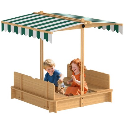 Outsunny Covered Sandbox with Lid with Adjustable Canopy for Kids, Outdoor Play Equipment with Benches, Backyard Outdoor Activity Sensory Toy