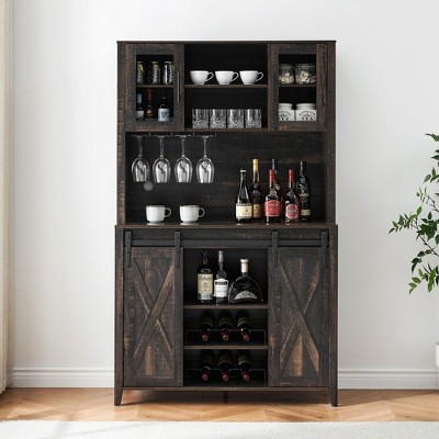 TROPOW 70'' Wine Bar Cabinet with Storage Hutch, Tall Coffee Bar Cabinet with Sliding Barn Doors, Bottle Glasses Rack, Farmhouse Coffee Bar