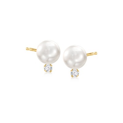 Ross-Simons 7-7.5mm Cultured Akoya Pearl and .10 ct. t.w. Diamond Accent Earrings in 14kt Yellow Gold
