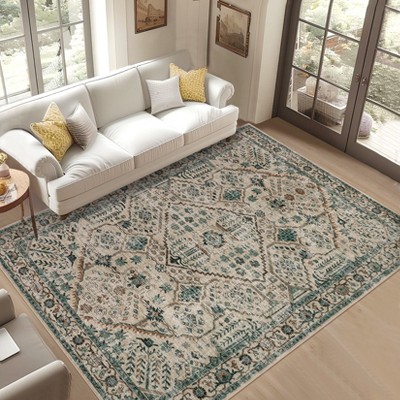 Soft Vintage Low Pile Large Washable Area Rug, Boho Non-Slip Indoor Rugs for Living Room Bedroom