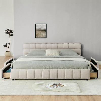 King Size Chenille Grounded Beds Frame with 4 Storage Drawers, Upholstered Floor Bed with Headboard and Solid Frame, No Box Spring Needed