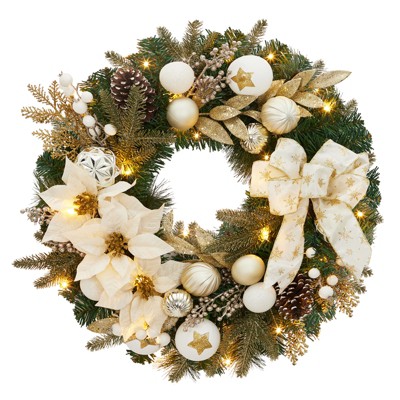 24" Christmas Artificial Garland with Xmas Balls, Artificial Flower & Bow, Christmas Wreath for Fireplace Window Wall Decor, Champagne