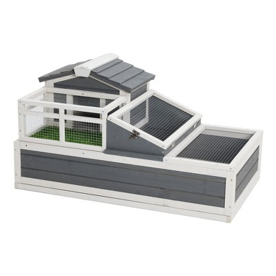 3-Room Tortoise Villa - Wooden Reptile Habitat w/ Pull-Out Tray, Ramp & Grass Mat, Open Roof for Indoor/Outdoor Use
