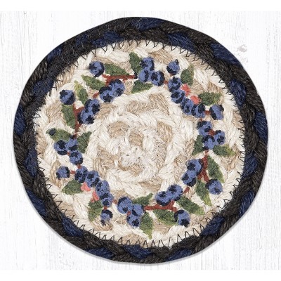 Earth Rugs Blueberry Vine Coaster – 5"x5" Braided Jute with Printed Botanical Design for Rustic Kitchen & Dining Table Decor
