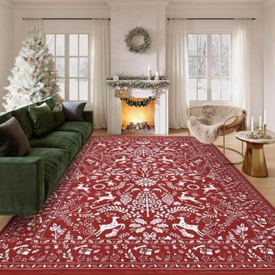 Christmas Washable Area Rug, Xmas Foldable Festive Decor Indoor Mat, Low Pile Stain Resistant Floor Carpet for Living Room, Bedroom