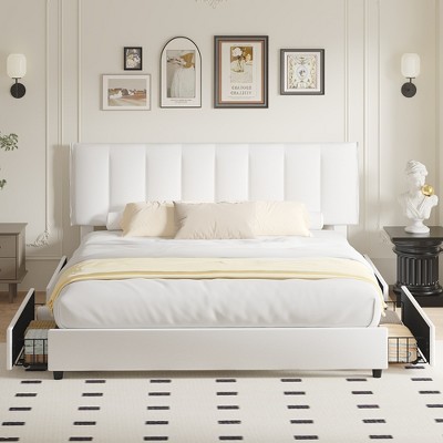 VECELO Upholstered Bed Frame with 1/4 Drawers and Adjustable Headboard, Twin/Full/Queen/King Platform Bed