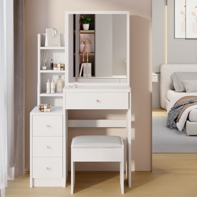 Accent Vanity Table Modern with Sliding Mirror and Cushioned Stool for Small Bedroom -29.2"W-3irtyhousy