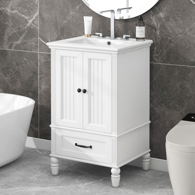 TOBILI 20" Bathroom Vanity with Sink, Bathroom Cabinet with Two Doors, Magnetic Door Stopper and Adiustable Foot Pads, A Drawer, White