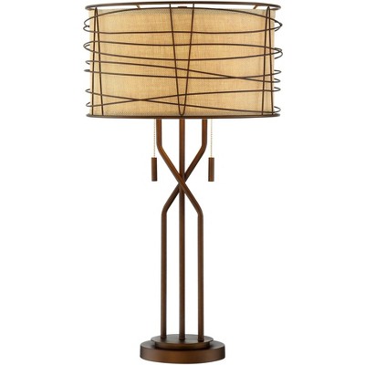 Franklin Iron Works Marlowe Industrial Table Lamp 28 3/4" Tall Bronze Metal with Dimmer Outer Burlap Inner Drum Shade for Bedroom Living Room Bedside
