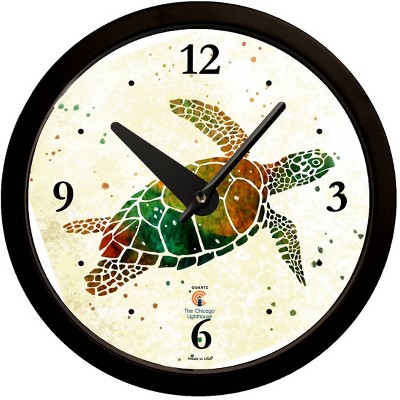 14.5" Artist Series Rich Green Sea Turtle Decorative Clock Black - The Chicago Lighthouse: Modern Indoor Timepiece