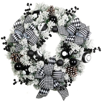 Northlight Flocked Pine with Harlequin Bows and Ornaments Christmas Wreath - 24" - Unlit