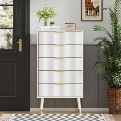 Modern 5-Drawer Dresser for Bedroom, 57" Wide Fluted Wood Chest of Drawers