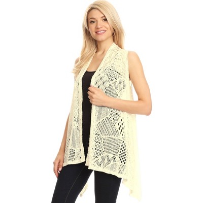 Anna-Kaci Women's Sleeveless Open Front Crochet Vest with Draped Hem Lightweight Knit Layering Cardigan