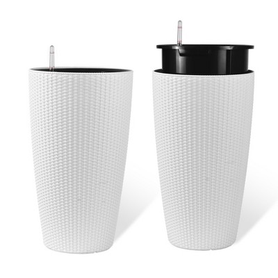 NAYSAYE Planter Set of 2 Faux Rattan Tall Planter with Water Level Monitor for Indoor Outdoor Garden, White, 12.8"*12.8"*22.17"