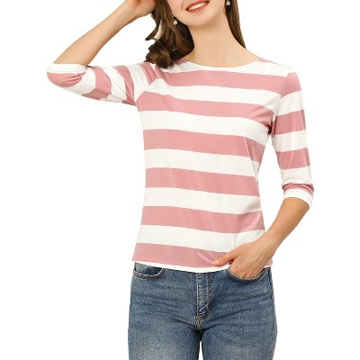INSPIRE CHIC Women's Stripes Casual Basic Elbow Sleeves Boat Neck Slim Fit T-Shirts