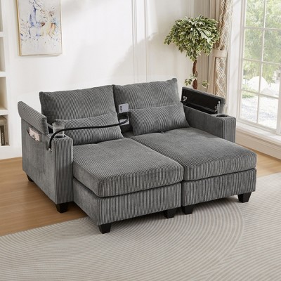 ModernLuxe Convertible Corduroy Loveseat Sofa Bed, Chaise Lounge with USB Ports, 2 Cup Holders, Storage Box & Phone Holder - 2/1 Seat Options