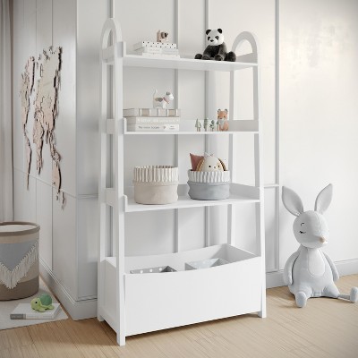 Buzz & Bloom Kids Open-Style Wood Bookshelf with 3 Shelves and Bottom Storage Bin, White