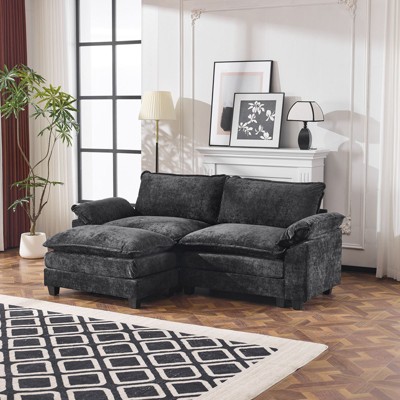 Karl Home |120 in. W Pillow Top Arm Double-layer Cushion Chenille Sofa in Black With Ottoman