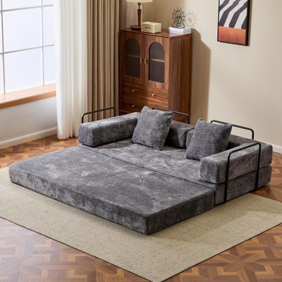 TIRAMISUBEST Modular Floor Sofa Bed with Metal Frame, 3-Seat Large Loveseat, Convertible Chenille Sleeper Couch