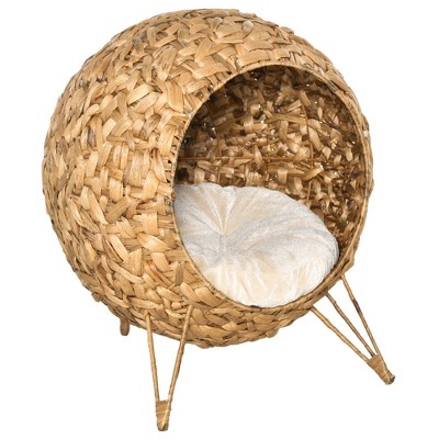 PawHut 20.5" Rattan Cat Bed, Elevated Wicker Kitten House Round Condo with Cushion
