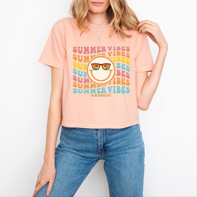 Simply Sage Market Women's Summer Vibes Stacked Smiley Short Sleeve Relaxed Fit Cropped Tee