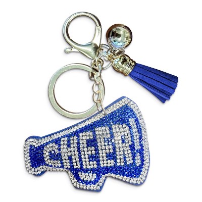 The Mardi Gras Krewe Sparkling Blue and Silver Rhinestone Cheerleader Megaphone Keychain – Perfect Bag or Purse Charm Accessory