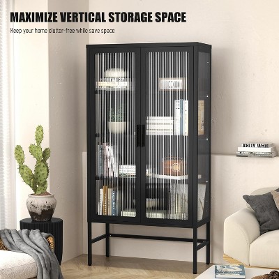 Display Cabinet with Glass Doors, Curio Cabinet with 3-Tier Adjustable Shelves Storage Cabinet for Home, Living Room and Office Black
