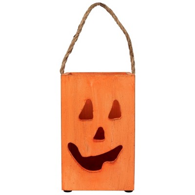 Northlight Large Orange Wood Jack O Lantern Halloween Candle Lantern - 8"