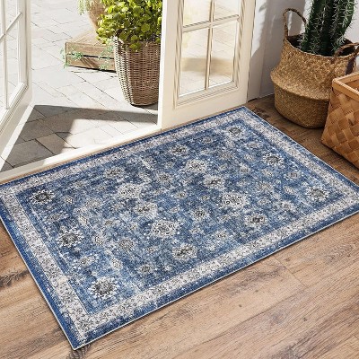 Area Rug - Machine Washable Floral Carpet, Non-Slip Low Pile Rug for Living Room Bedroom Dining Room, Stain Resistant and Pet Friendly
