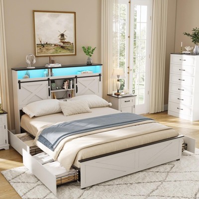 Platform Bed Frame with 4 Drawers, Sliding Barn Door, LED Light & Charging Station, White