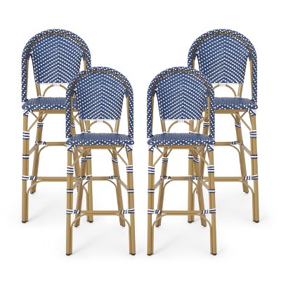 Kinner 4pk Outdoor Aluminum French Bar Stools - Dark Teal/White/Bamboo - Christopher Knight Home